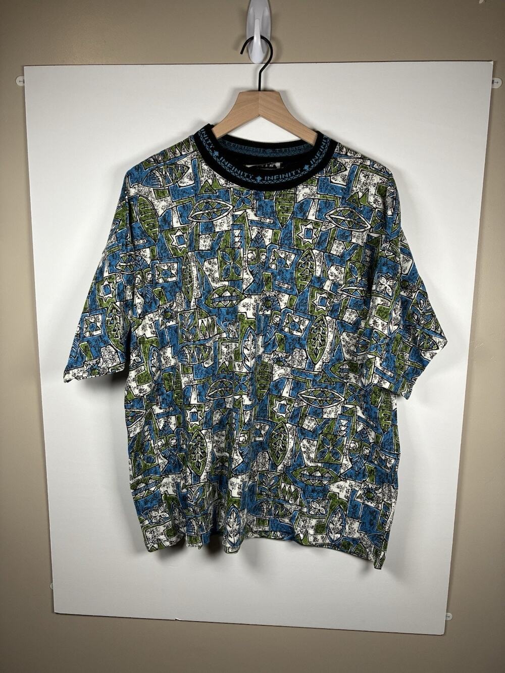 Vtg 90s Infinity USA All Over Print Tee OSFA Blue Green Abstract Made in USA